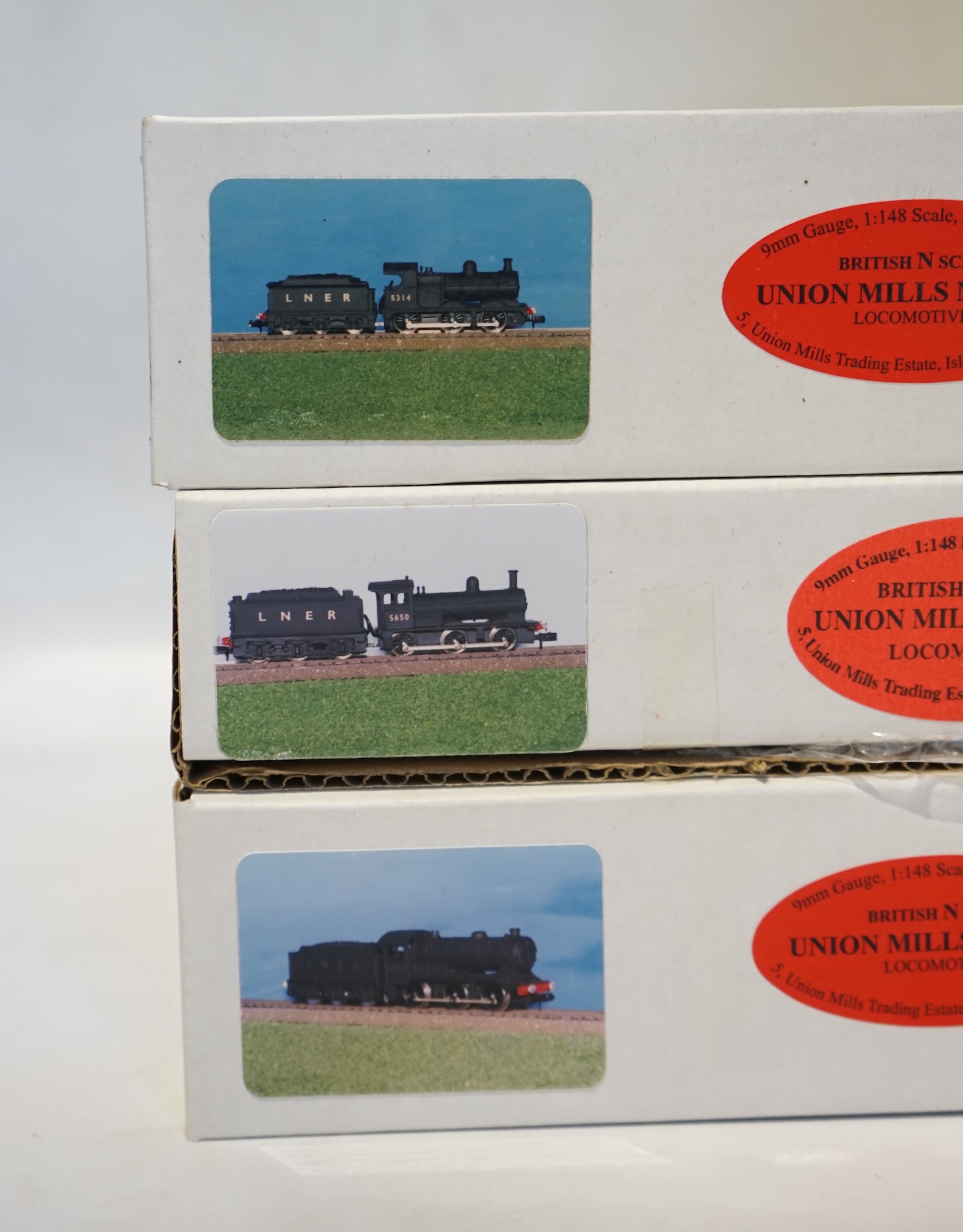 Three boxed Union Mills Models N gauge railway LNER locomotives; a Class J39, 4857, a Class J11, 5314, and a Class J25, 5650. Condition - good.